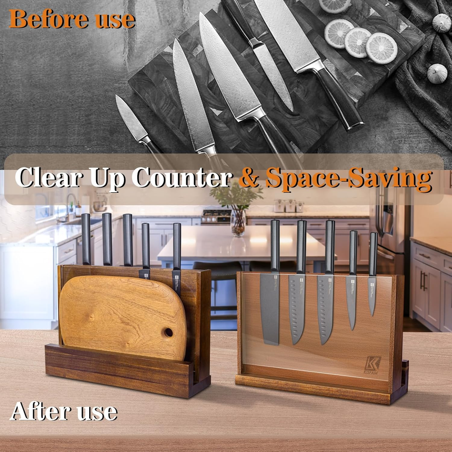 Magnetic Knife Holder, Wooden Knife Block with Double Sided Strong Magnets and Acrylic Protection Shield for Kitchen Multifunctional Knife Storage Knife Block without Knives (38Cm) image number 5