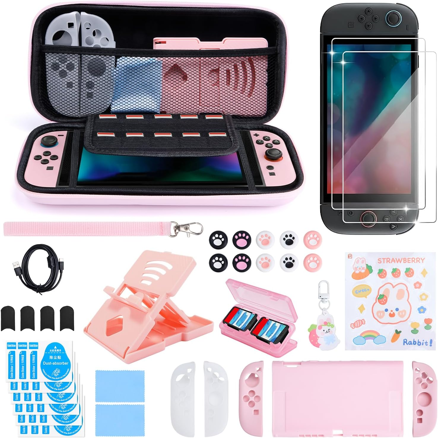 WOTOW Switch 2 Accessories Bundle Kit for Nintendo, Protective Carrying Case with Screen Protectors, Wrist Strap & Console Protective Shells (Pink)