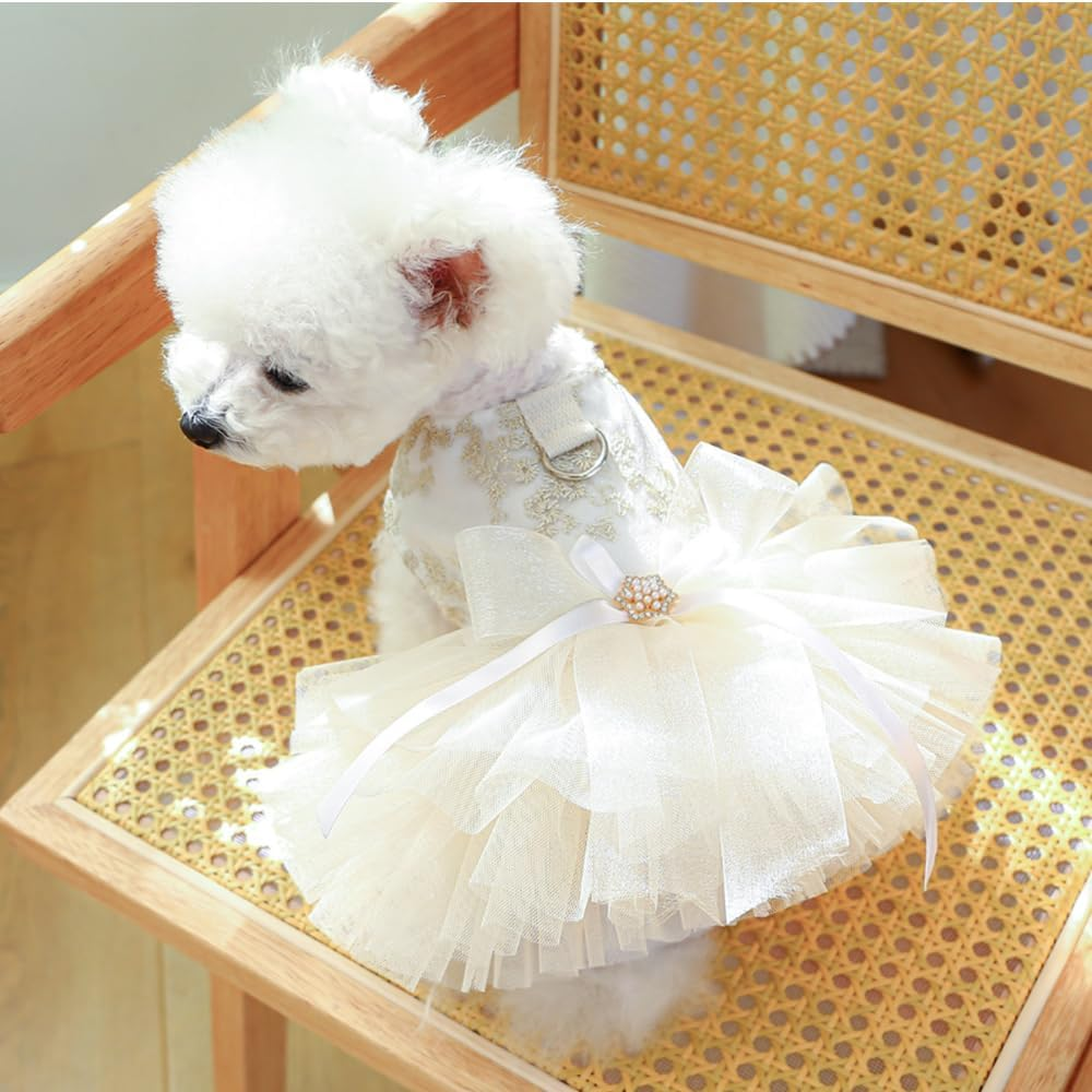 Fancy Dog Dresses with Leash Ring, Embroidered Dog Wedding Dress, Bow Puppy Clothes for Small Dog Girl Multi-Layer Lace Tutu Cat Outfit for Kitten Chihuahua Yorkie, Champagne,Large image number 2
