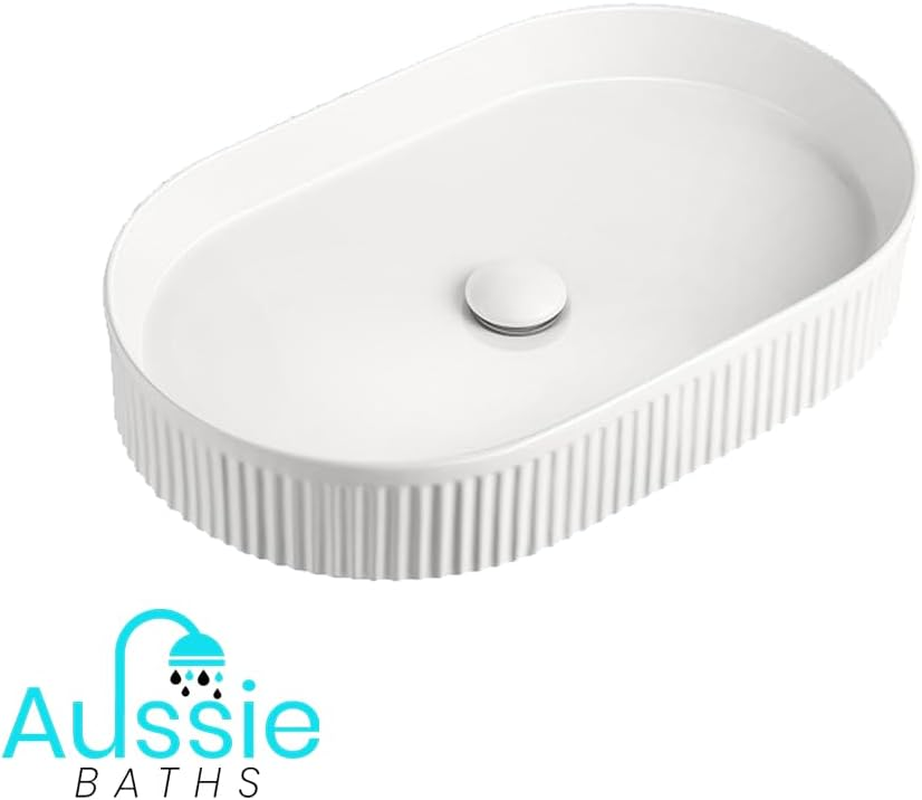 Oval Fluted above Counter Bathroom Basin, 580Mm X 365Mm X 120Mm, Gloss White/Matte White (Matte White) - Gloss White image number 3
