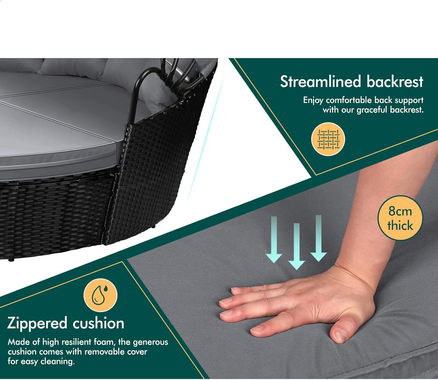 ALFORDSON Sun Bed Sofa 3Pcs with Adjustable Canopy, Wicker Outdoor Tanning Lounger with Fabric Seat Cushions & Pillows, Steel Frame Lounge Chair Furniture for Garden Pool Patio Backyard, Black Grey - Black Grey image number 5