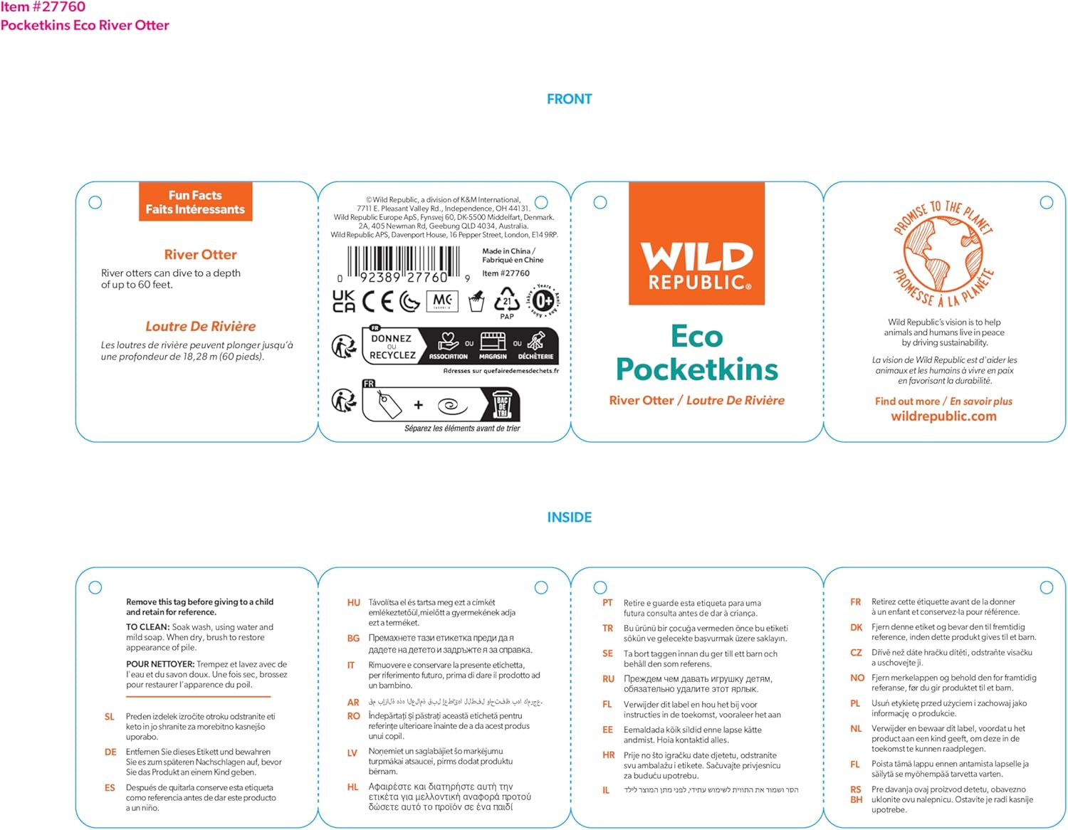 Wild Republic Pocketkins Eco River Otter, Stuffed Animal, 5 Inches, Plush Toy, Made from Recycled Materials, Eco Friendly