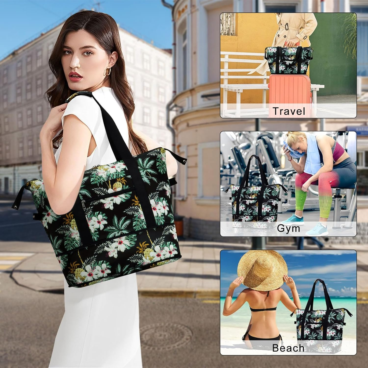 HAWEE Expandable Duffel Bag for Women with Trolley Sleeve/Wet Pocket Weekender Travel Tote Large Carry on Overnight Luggage - Beige Flower image number 4