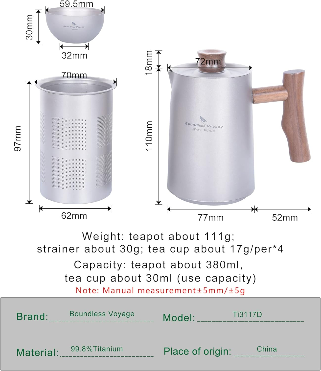 Boundless Voyage Camping Coffee Maker, Tea Kettle, Titanium Pot, Backpacking Mug, Portable Titanium Mug, Outdoor Kettle, Camping Cookware, Lightweight and Portable (Ti3117D Teapot + Cup) - Ti3116D Teapot image number 6