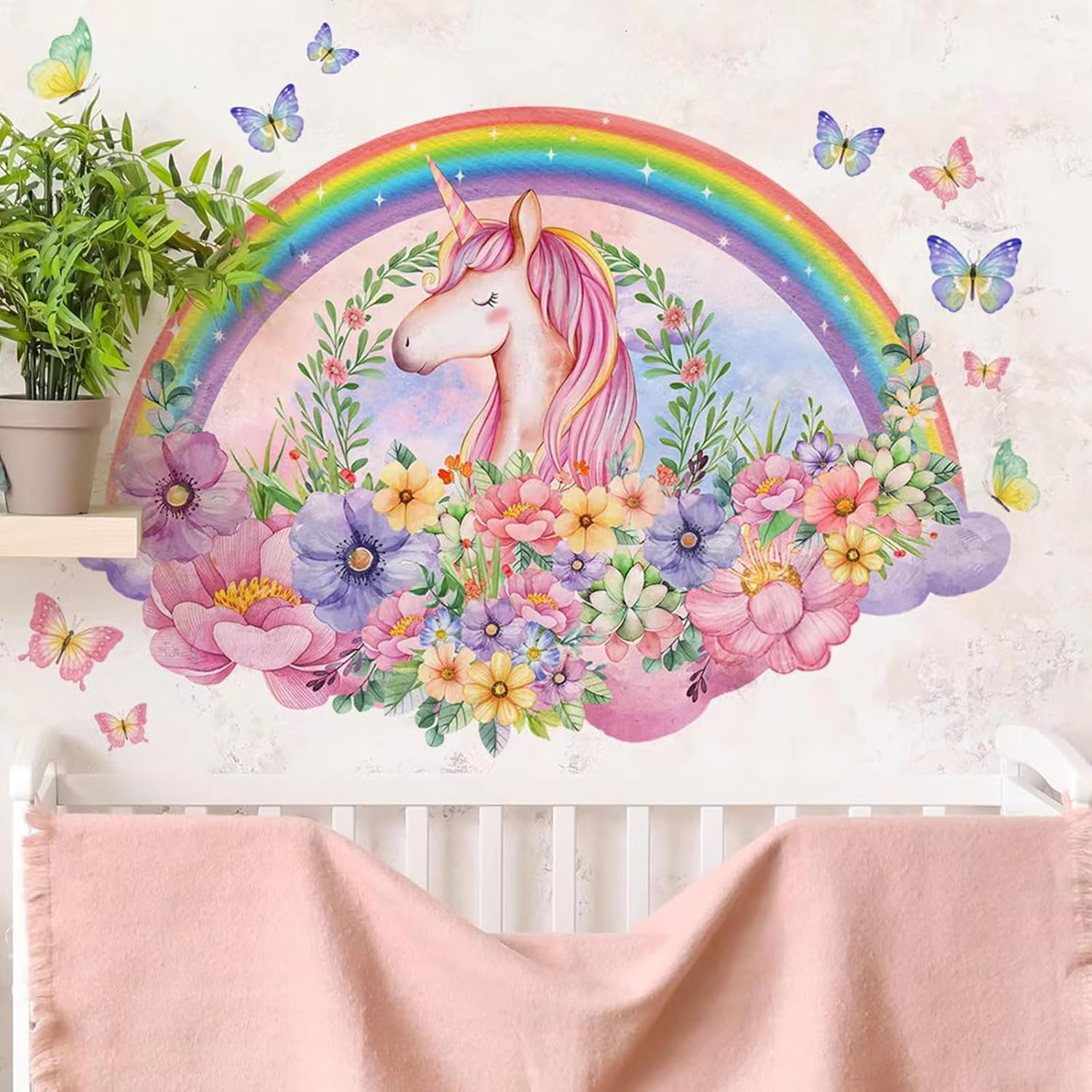 Unicorn Wall Decals, Rainbow Flowers Butterfly Wall Stickers, Girls Bedroom Living Room Kitchen Wall Door Decor image number 4