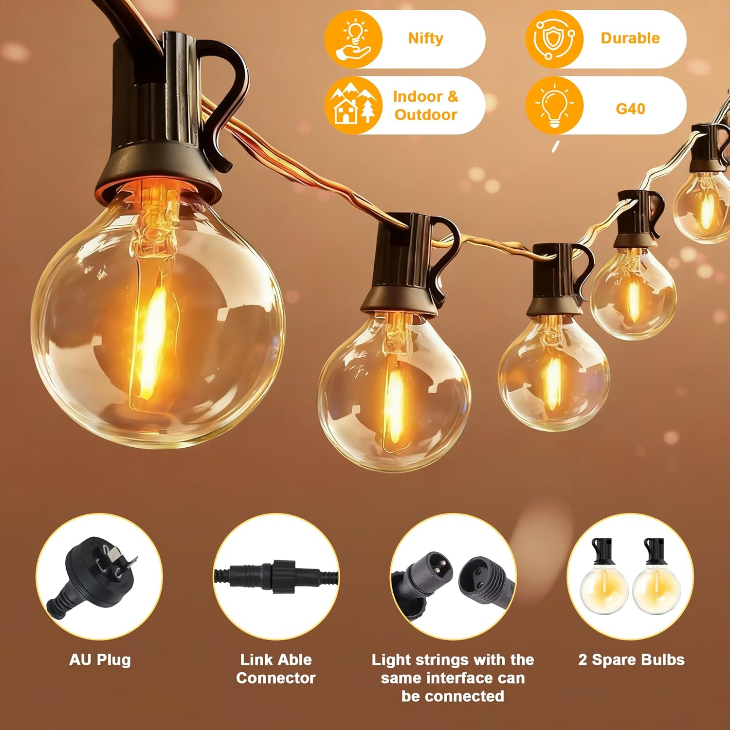 Cozylady Festoon Lights Outdoor 15+2M, String Light with 25+2 G40 Waterproof Shatterproof Bulbs, Plug-In Outdoor Light, Fairy Light for Garden Yard Wedding Party Balcony image number 3