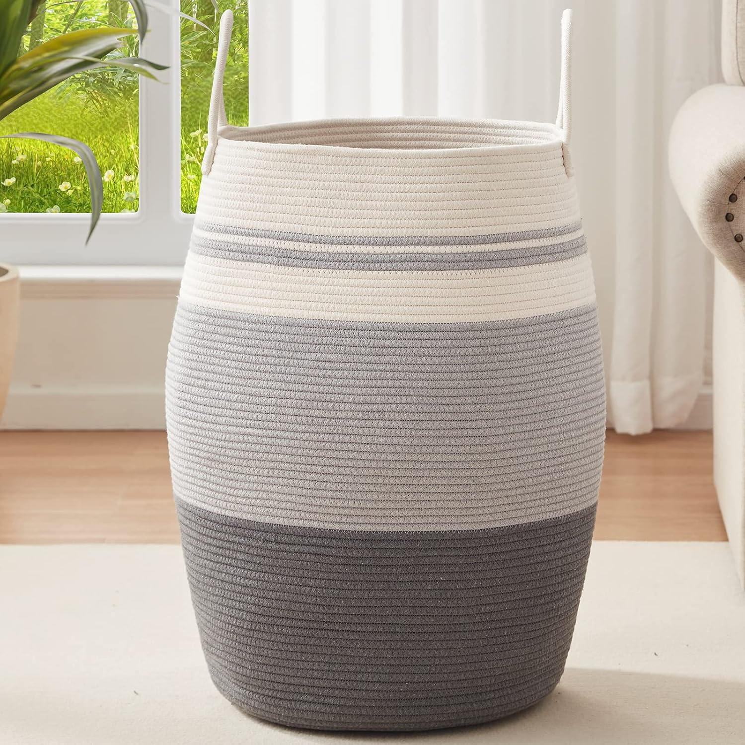 OIAHOMY Laundry Hamper Woven Cotton Rope Large Clothes Hamper 25.6" Height Tall Laundry Basket with Extended Cotton Handles for Storage Clothes Toys in Bedroom, Bathroom, Foldable (Yellow Variegated)