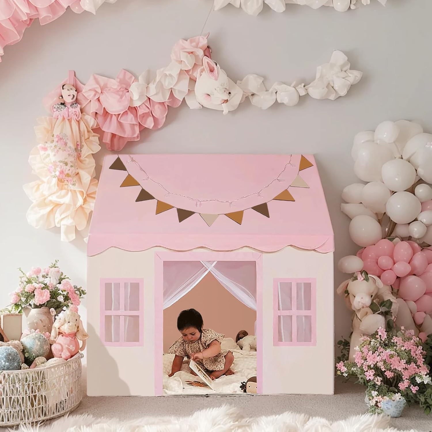 Large Kids Play Tent with Mat, Play Tent Indoor with Star Lights, Flag and Windows, Playhouse for Boys and Girls Aged 3, Kid Tent with Mat Washable (Pink) image number 3