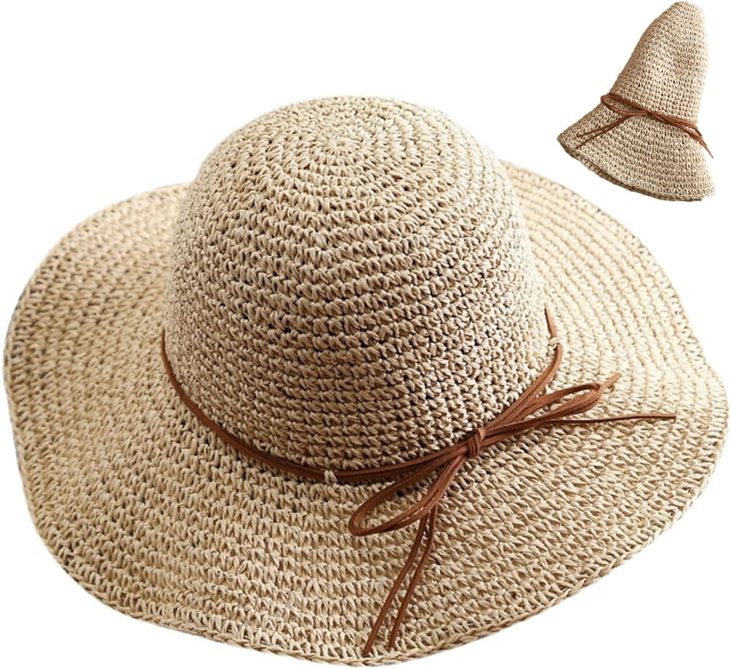 Straw Hats for Women, Breathable Wide Brim Sun Hat, Foldable Packable Bucket Cap for Beach Travel, Beach Sun Hats Beige image number 4