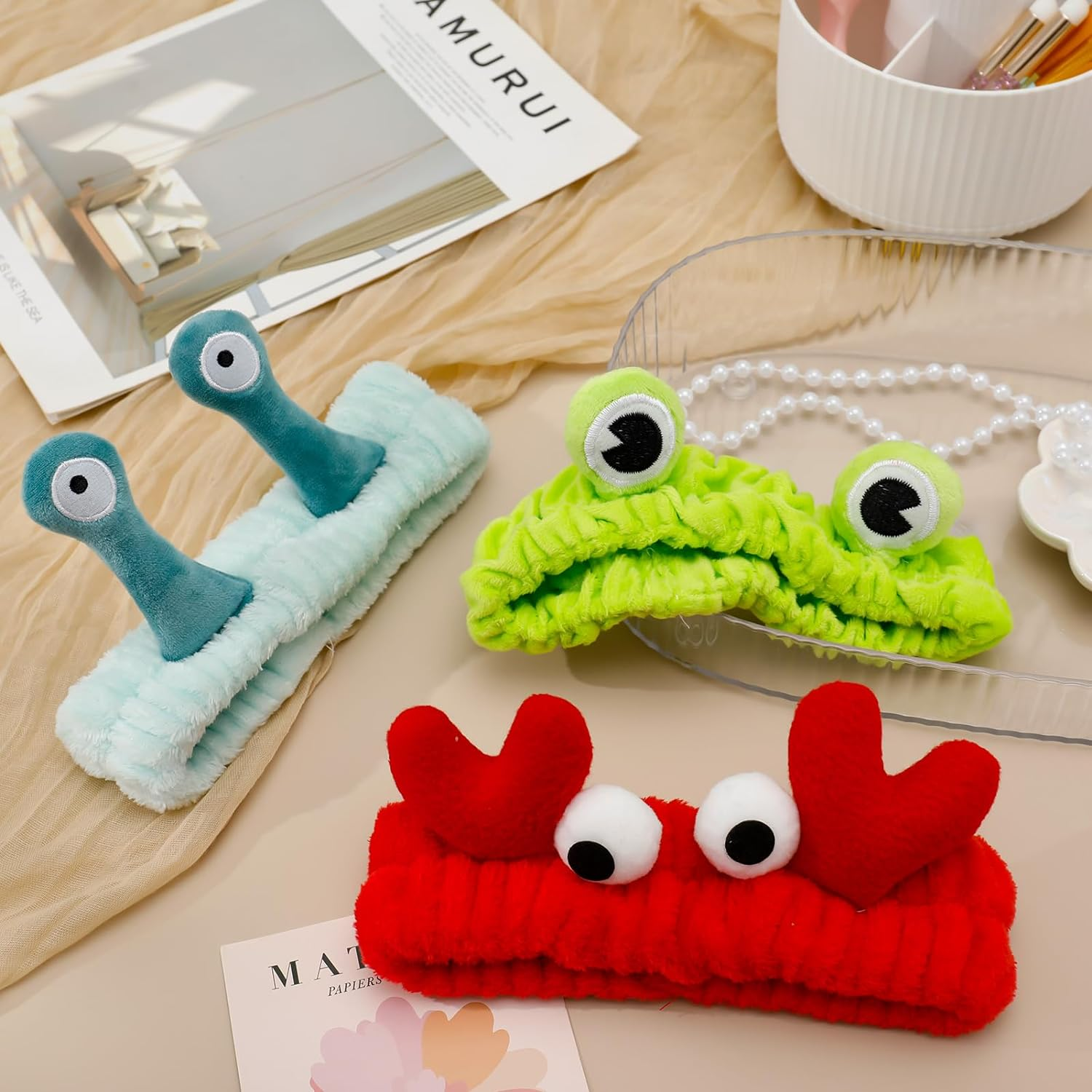 Apricitie Face Wash Headband, Spa Headband, Makeup Headband, Coral Fleece Hair Bands, Elastic Headband, Snail Frog, Crab Headband for Washing Face, Sports, Beauty, Pack of 3 image number 2