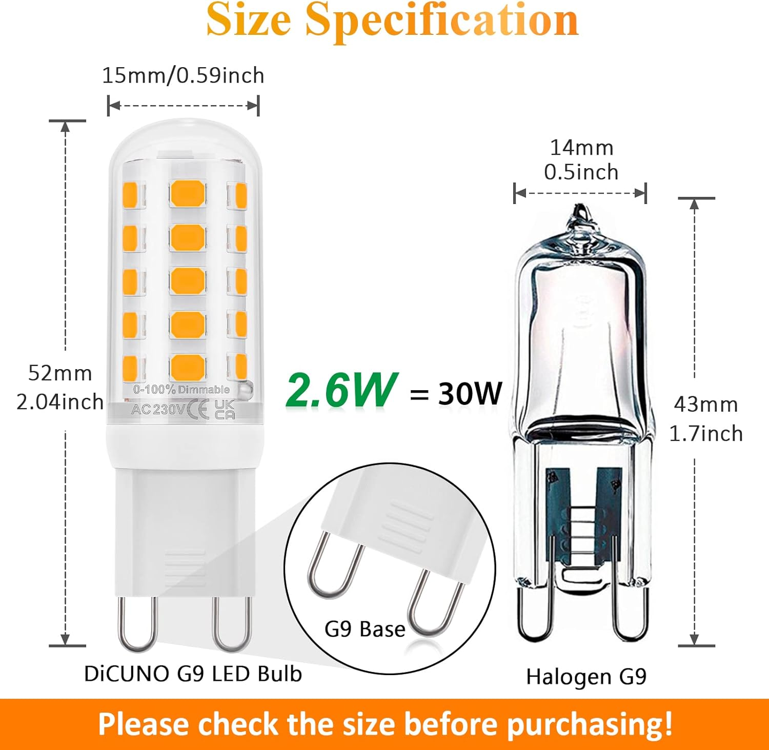 Dicuno G9 LED Bulb Dimmable, Warm White 2700K, 30W Halogen Equivalent, 2.6W, 260LM, Energy Saving G9 LED Light Bulbs for Chandelier, Ceiling Lights, 6 Packs image number 2