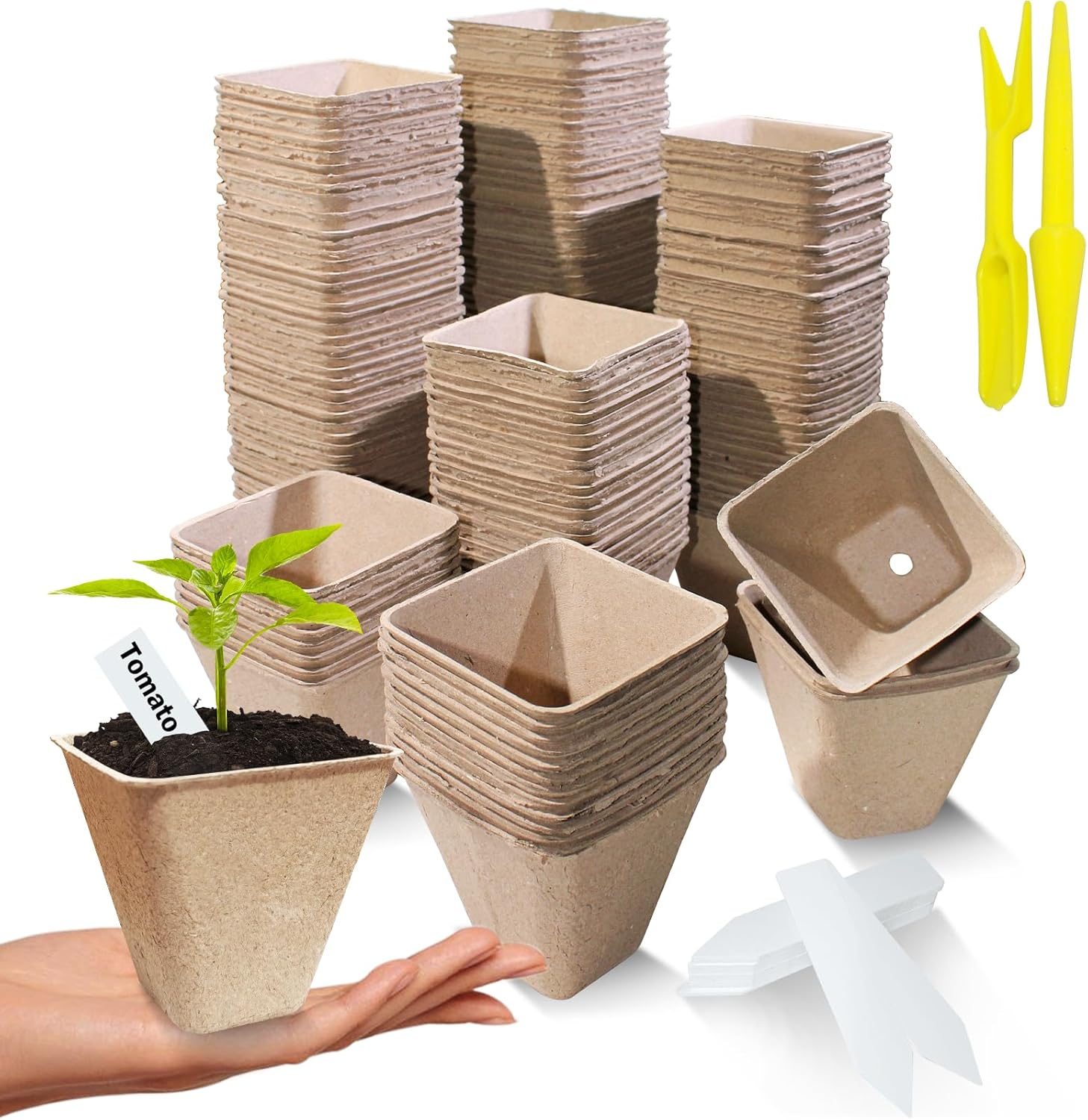 Doubleggs 150 Packs Square Peat Pots, 3.15-Inch Biodegradable Seed Starter Pots for Germination, Nursery Planting Trays with 100 Labels and 2 Transplant Tools image number 5