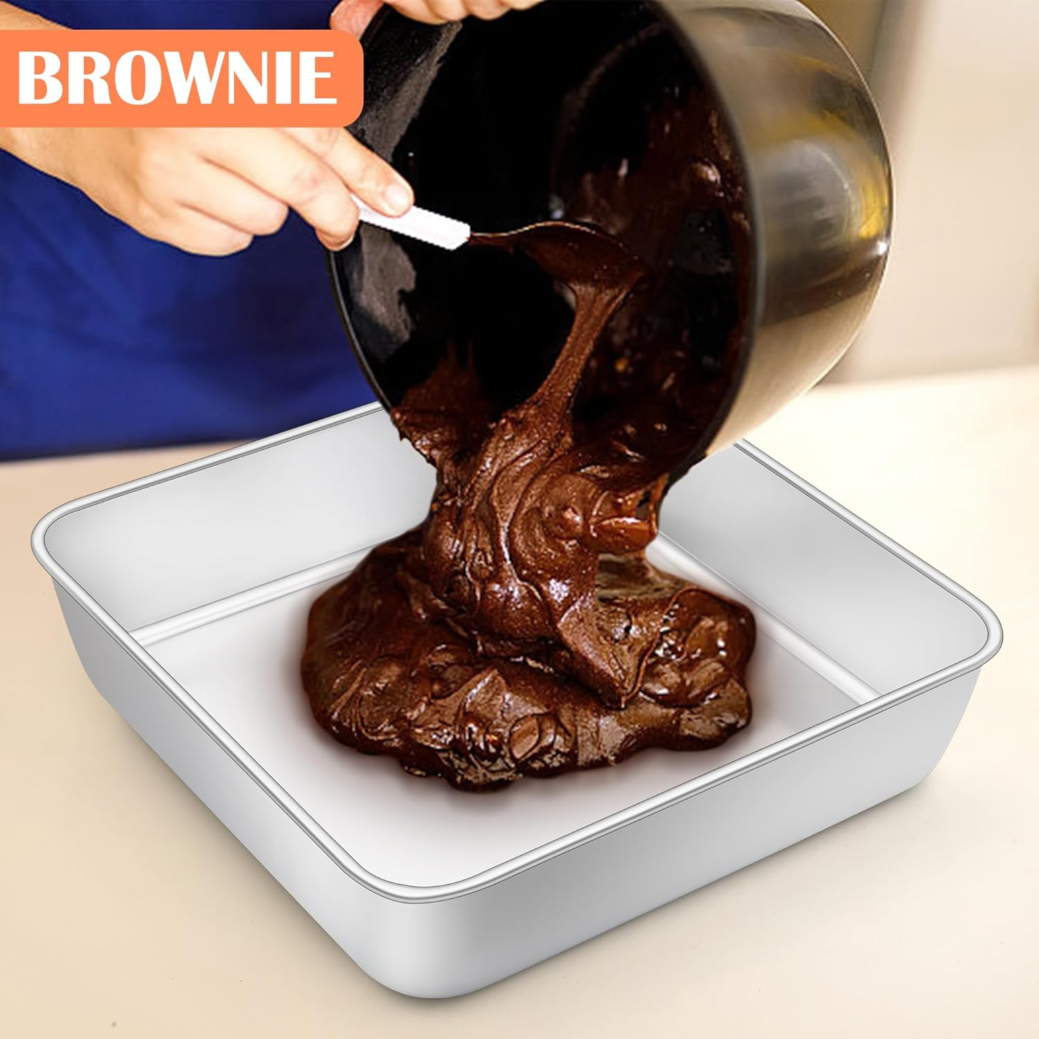 E-Far 9X9 Inch Square Cake Pan, Stainless Steel Baking Pan for Lasagna Brownies Casseroles, Silver Square Bakeware for Oven Cooking, Non-Toxic & Rust Free, Dishwasher Safe, 2 Inch Deep image number 1