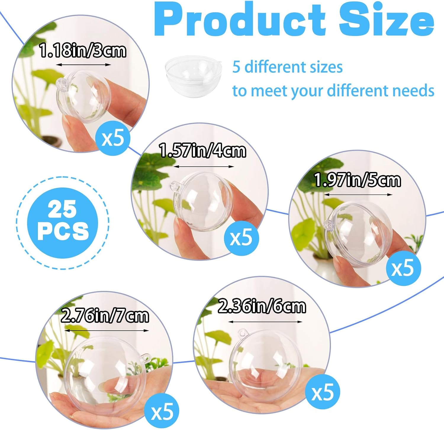 25 PCS Clear Plastic Fillable Ornaments,Transparent DIY Craft Ball,Clear DIY Christmas Ornament 5 Different Sizes for Wedding,Party,Home Decor image number 4