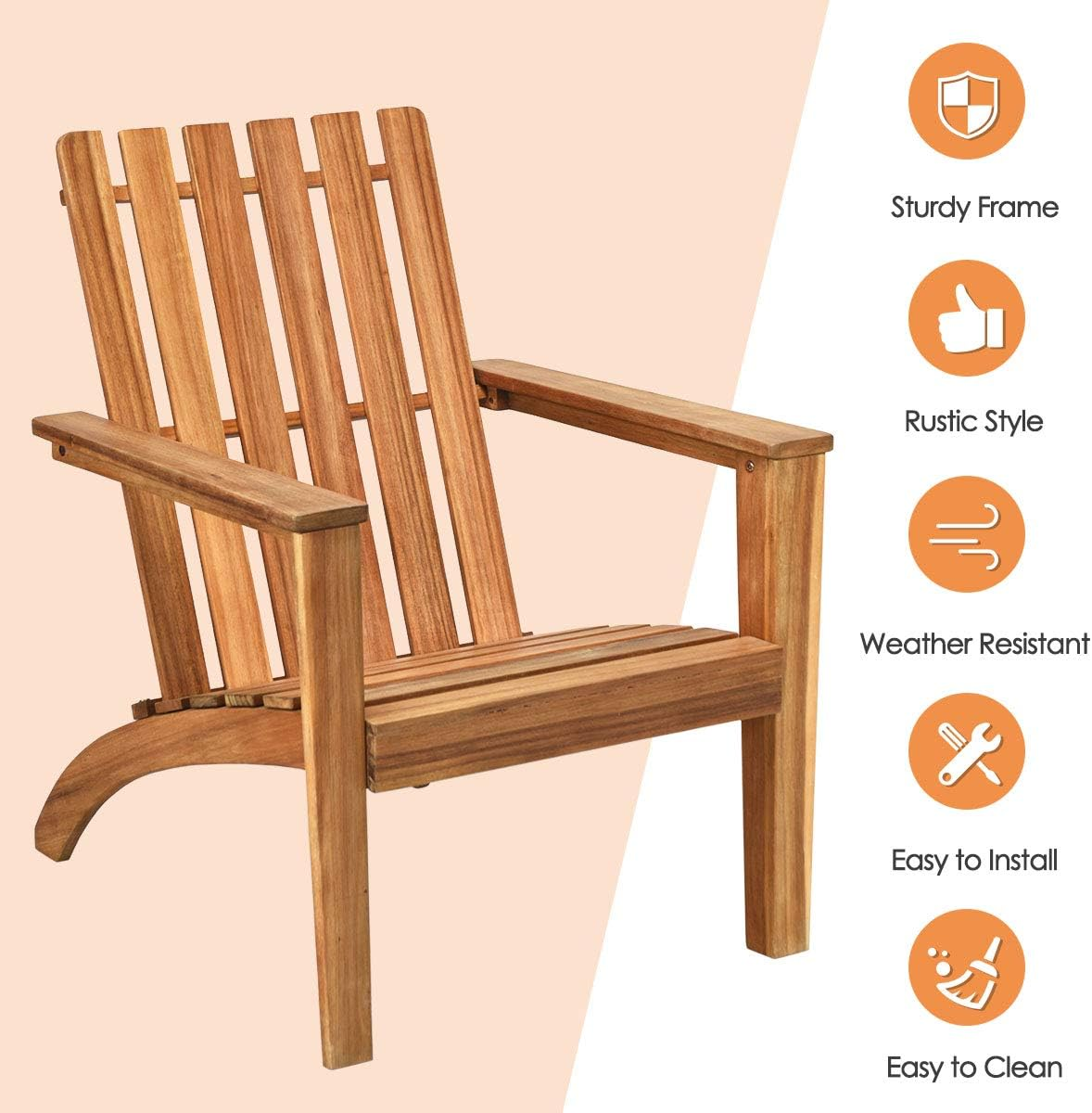 Costway Wood Adirondack Chair, Patio Lounge Chair with Ergonomic Backrest and Armrest, Sturdy Wooden Structure, Classic Outdoor Adirondack Chair for Deck, Yard, Garden (Natural) - Gray image number 4