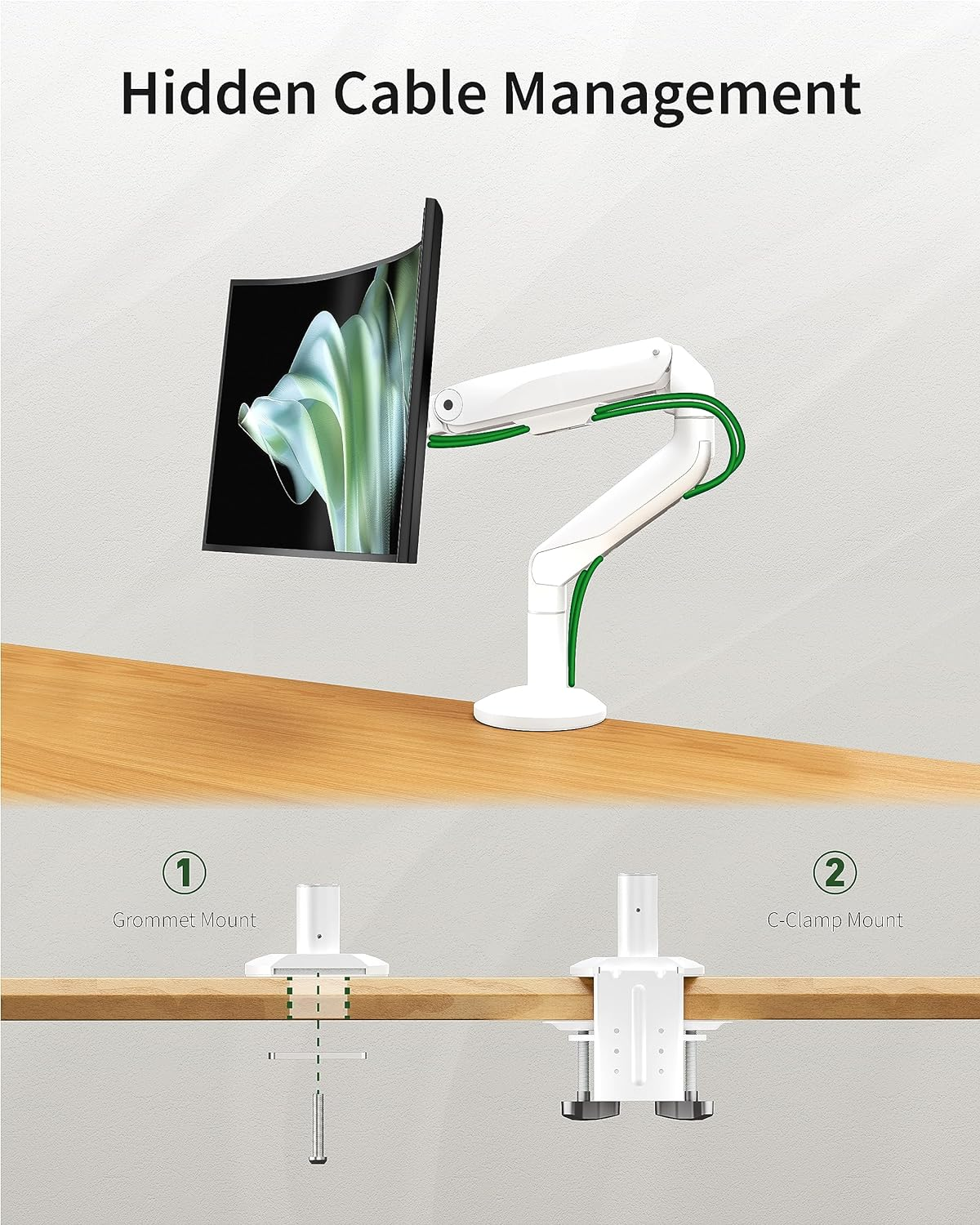 Ergounion Ultrawide Single Monitor Mount, Adjustable Gas Spring Monitor Arm for 17 to 49 Inch Screens, 75/100 Vesa Mount with C-Clamp and Grommet Base, White image number 2