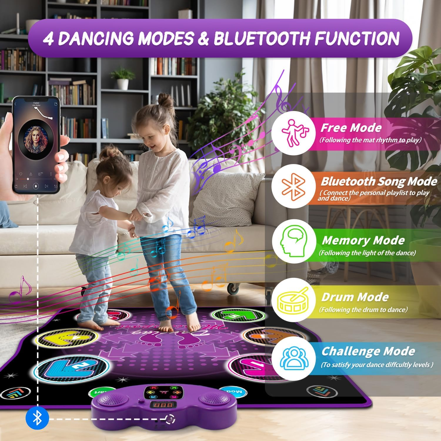 Kids Dance Mat Toy- Wireless Bluetooth Light-Up 6-Key Electronic Dance Pad, 6 Games & Music Modes, Birthday Girls