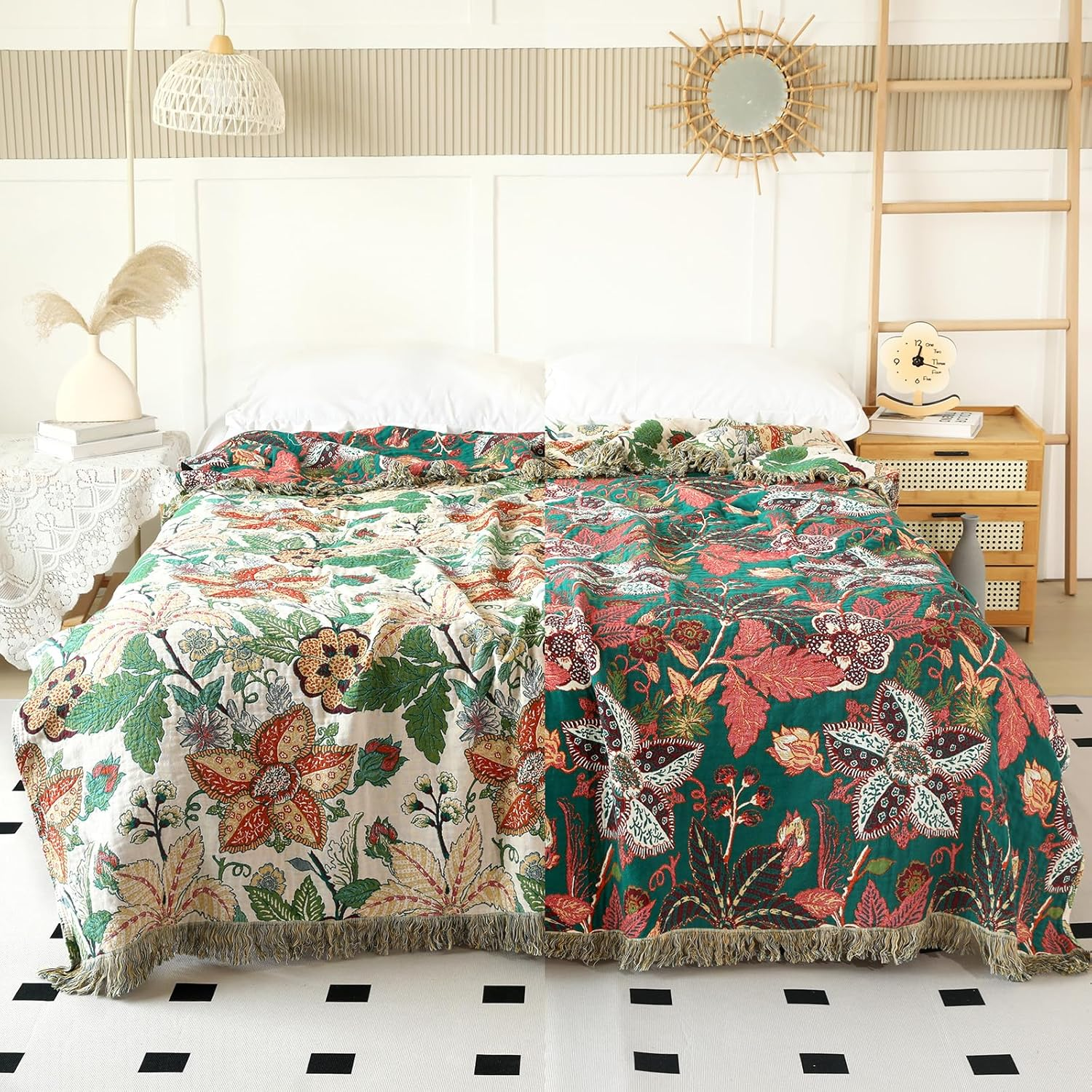 MSGKV Boho Throw Blanket for Bed Twin Size Cotton Muslin Breathable Floral Blanket 60"X80" Sofa Couch Blankets for All Seasons Lightweight Farmhouse Blankets Boho Home Decor