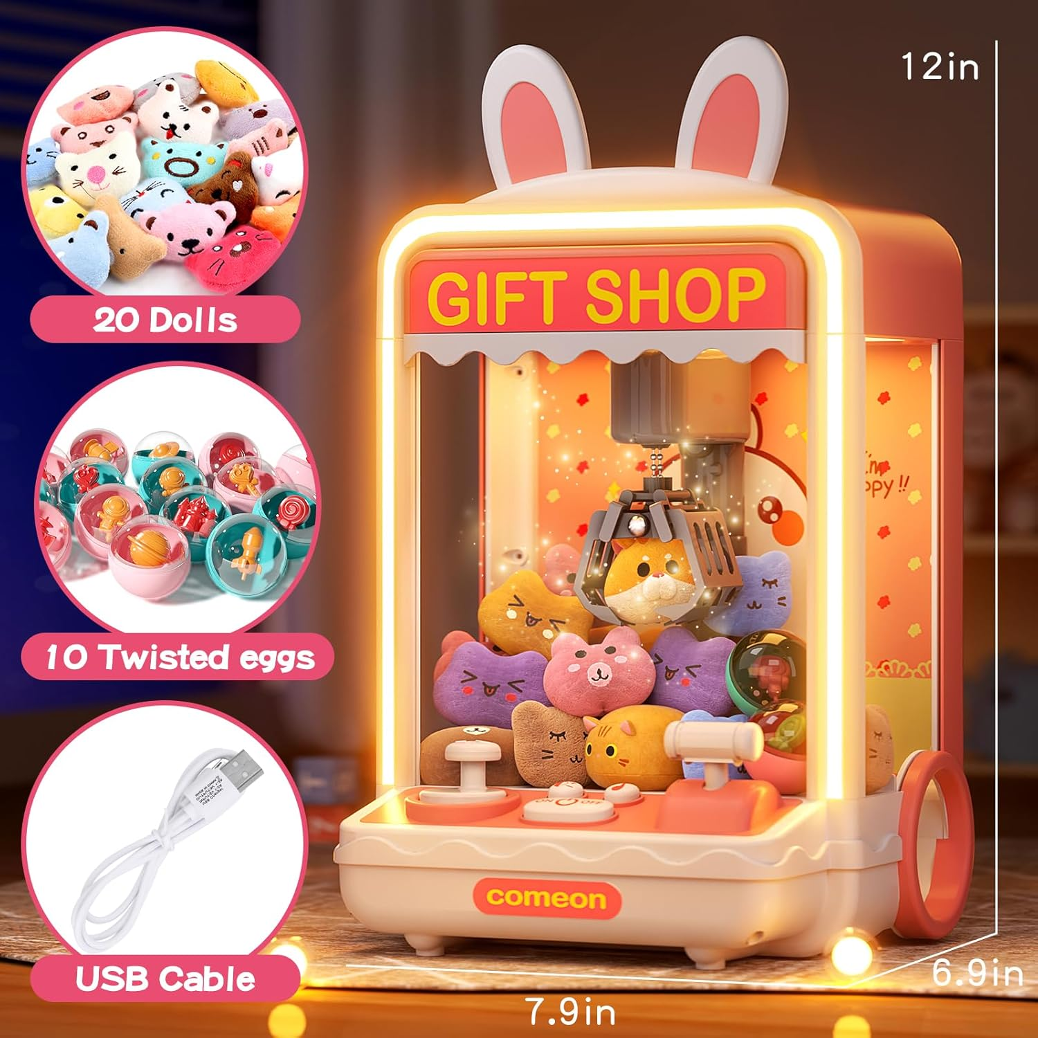 Kids Claw Machine, Mini Candy Vending Grabber, Prize Dispenser Toys for Girls and Boys, Electronic Claw Game Machine for Party Birthdays with Lights Sound, Includes 20 Plush and 10 Mini Toys image number 5