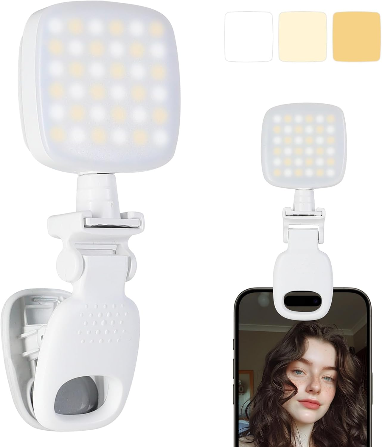 ENUOLI Portable Fill Light - 3 Colors & 9 Dimming Levels, Rechargeable Cell Phone Selfie Lights, Rechargeable Clip-On Selfie Lights for Makeup/Photography, Clip on Phone/Laptop/Camera