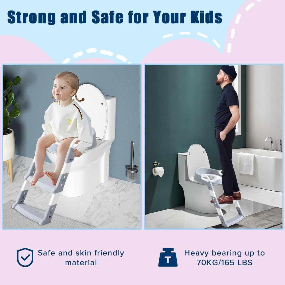 Yakiter Potty Training Seats, Kids Toilet Training Seat with Step Stool, Adjustable Height Ladder Guard Handle Soft Cushion White, Step Stool 2 in 1 Foldable Chair for Baby Toddler Boys Girls (Grey) image number 1
