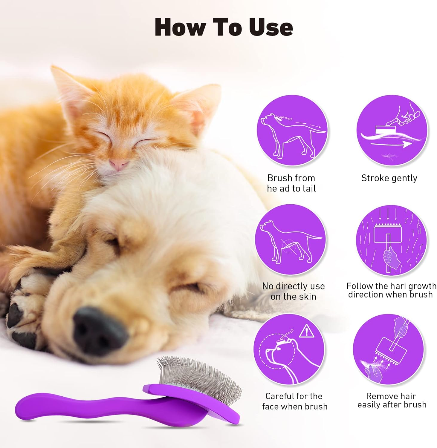 YOPETAYU Dog Slicker Brush for Shedding and Grooming Medium or Long Haired Cats, Extra Long & Soft Pin Slicker Brush for Removes Loose Hair, Tangles, Knots, Undercoat, Free Pet Comb, Large Purple