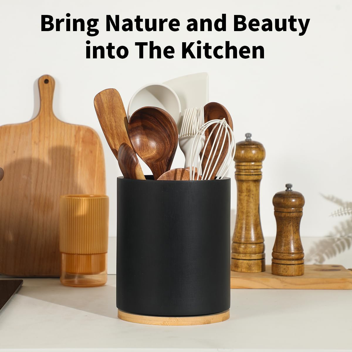 Wooden Utensil Holder, 360&deg;Rotating 7.3'' Large Kitchen Utensil Holder for Kitchen Counter, Kitchen Utensil Organizer, Utensil Crock, Farmhouse Kitchen Countertop Decor, Black Color image number 5