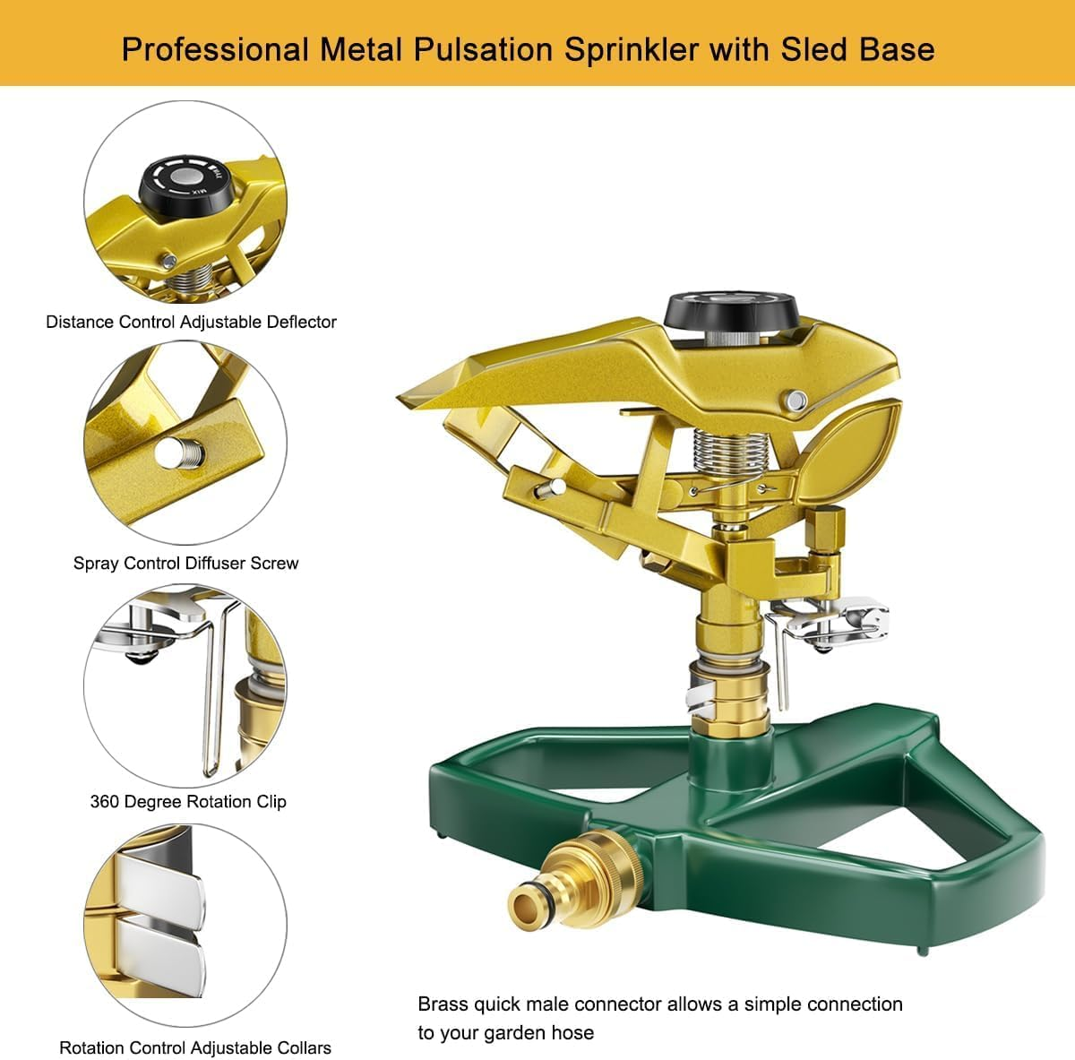 FANHAO Heavy Duty Pulsating Impact Lawn Sprinkler with Metal Base, 100% Metal Adjustable Circular Zinc Impulse Sprinkler for Yard Lawn, 360 Degree Large Area Coverage, Covers up to 5800 Sq. Ft image number 4