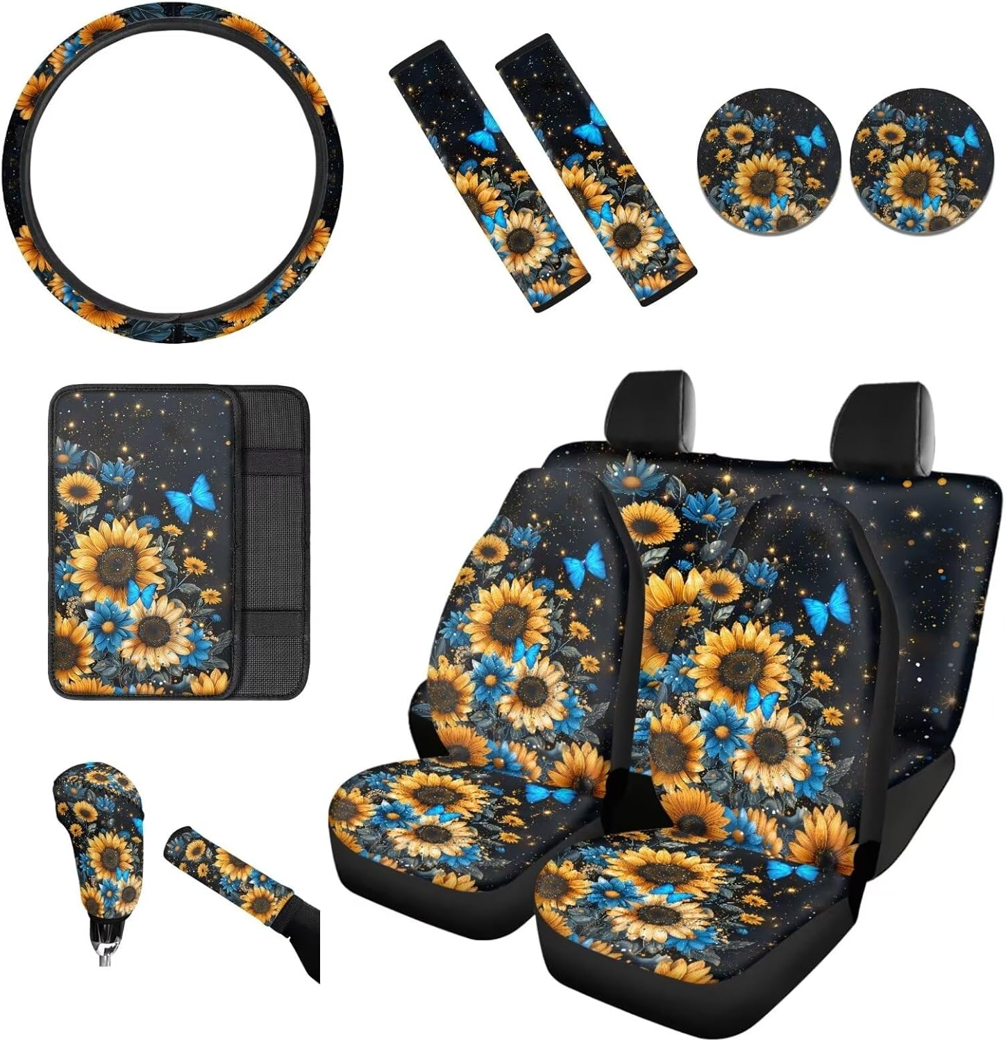 BIGCARJOB She'S Sunshine Sunflower Car Seat Covers Full Set of 12 Pack Steering Wheel Cover for Women Gifts with Seat Belt Pads, Coasters,Vehicle Seat Cover,Fit Most Car SUV Van Truck