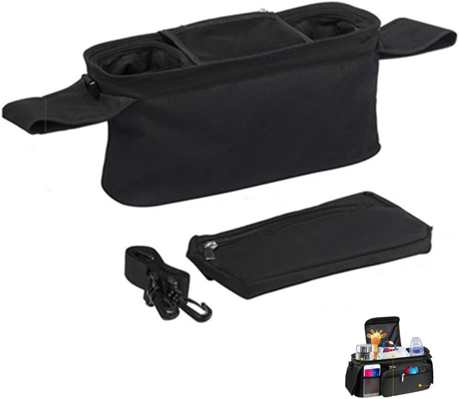 Baby Buggy Pram Caddy, Cuicanfla Universal Pram Organiser Bag with Insulated Coffee Cup Holders & Phone Storage, Travel Bag Pram Organizer,For Most Baby Strollers