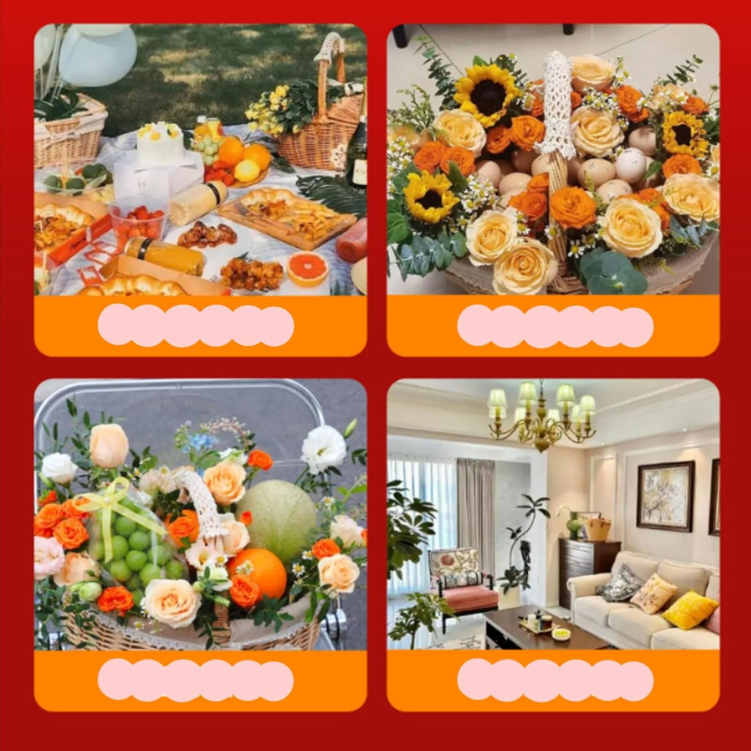 Wicker Basket with Handle, Picnic Basket Rectangular Picnic Basket with Double Folding Handles, Storage Basket, Flower Girl Basket for Decor (Red)