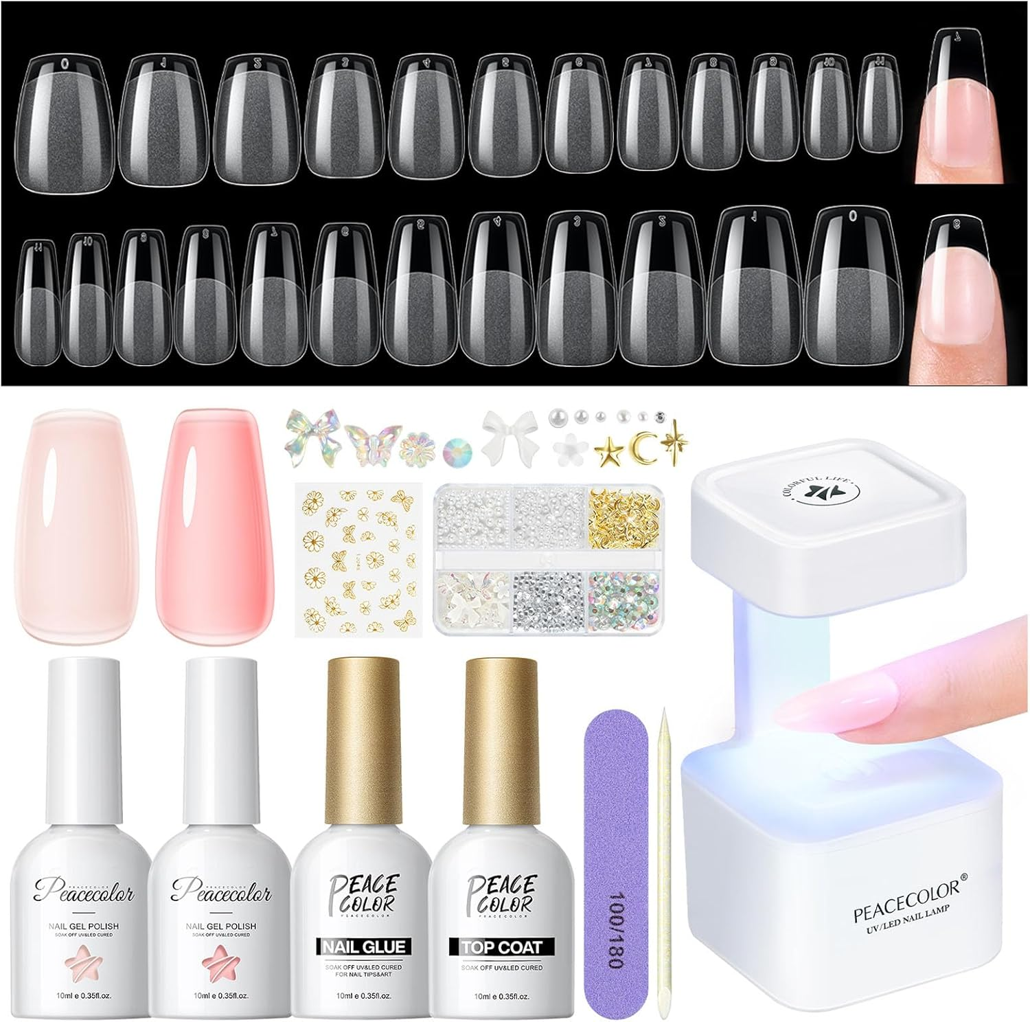 PEACECOLOR Gel Nail Kit, 240Pcs Short Medium Almond Nail Tips with U V Light 2PC Jelly Gel Polish Nail Glue Top Coat Stickers Rhinestones Easy Extension Set DIY Salon Gifts for Women