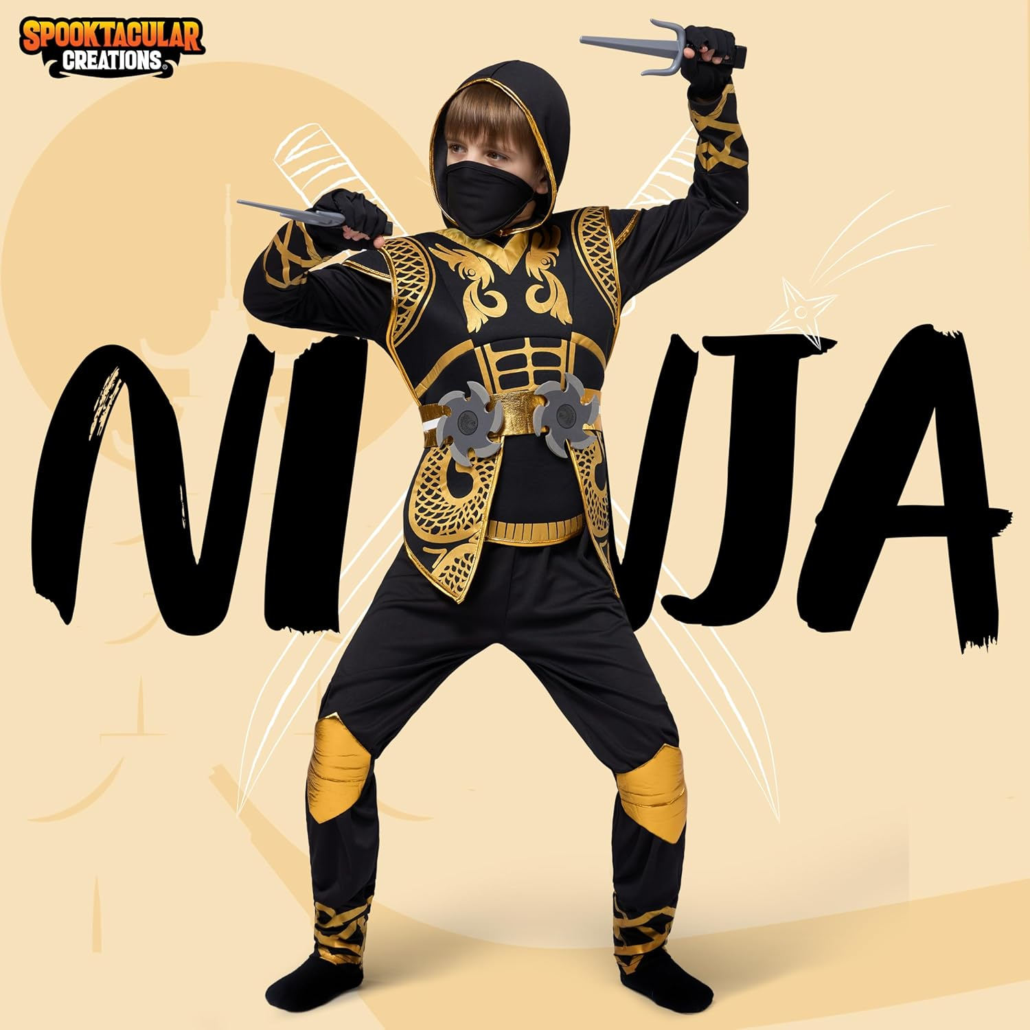 Golden Ninja Deluxe Costume Set with Ninja Foam Accessories Toys for Kids Kung Fu Outfit Halloween Ideas