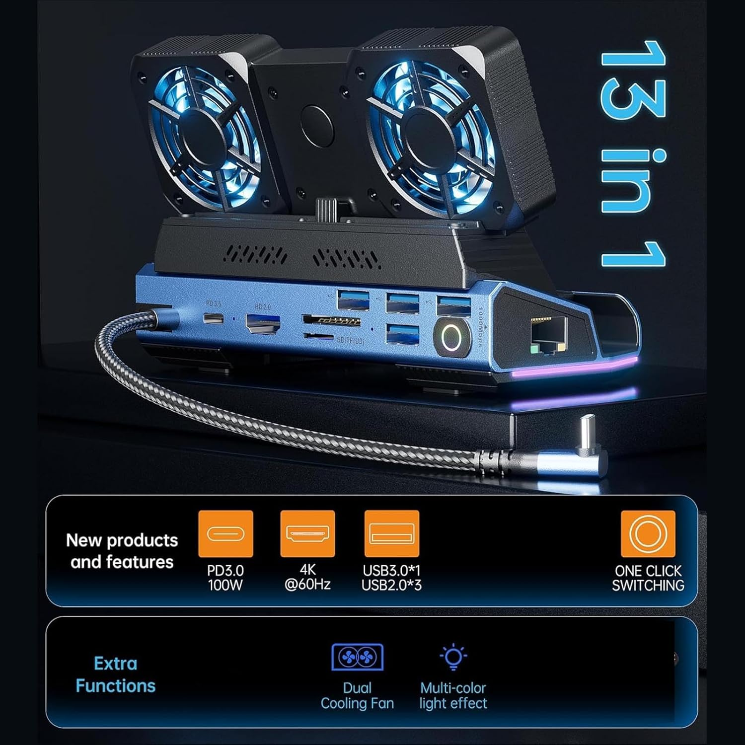 10 in 1 Docking Station for Legion Go for Claw, 4K 60Hz HDMI Dock Conversion Adapter RGB Detachable Dual Cooling Fan USB 3.0 Gigabit Ethernet PD100W USB C Charging Port M.2 image number 5