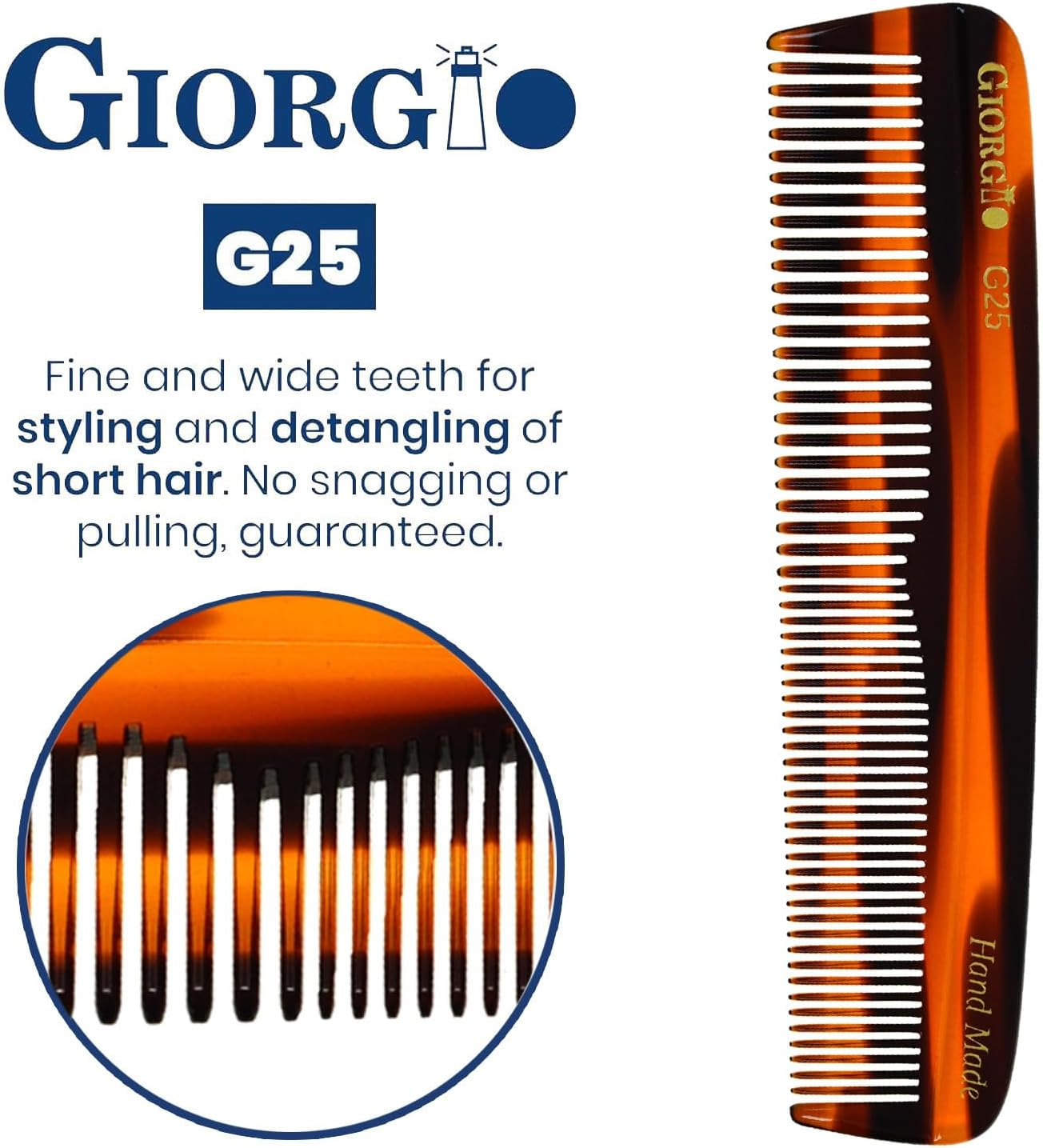 Giorgio G25 Finetooth and Widetooth Pocket Comb - Hair Styling Comb for Men and Women, Handmade Beard Combs for Men, Barber Combs, for Grooming,Saw Cut and Polished (Tortoiseshell) image number 5