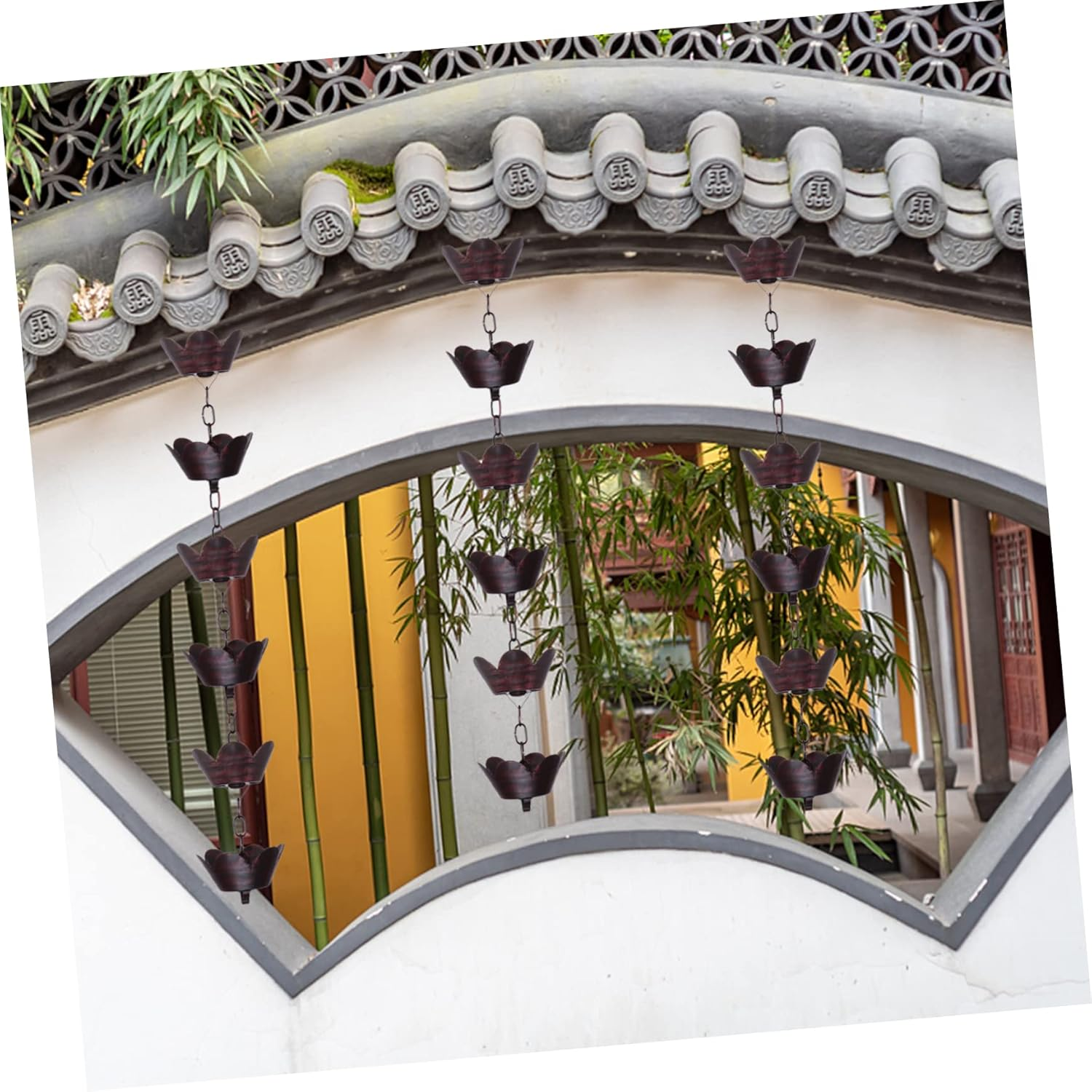 FONDOTIN 1M Metal Rain Chain Petal Design Elegant Chimes and Cups for Gutter Decoration for Garden Patio and Courtyard Creates Serene Ambiance Cascading image number 5