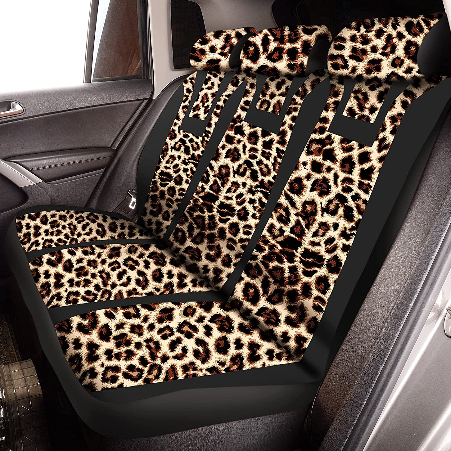 13 Pcs Leopard Print Car Seat Cover Full Set, Leopard Car Accessories for Women Men, Leopard Seat Covers Steering Wheel Cover Armrest Pad Cover Seat Belt Pad Keychain Wrist Strap and Cup Holder image number 1
