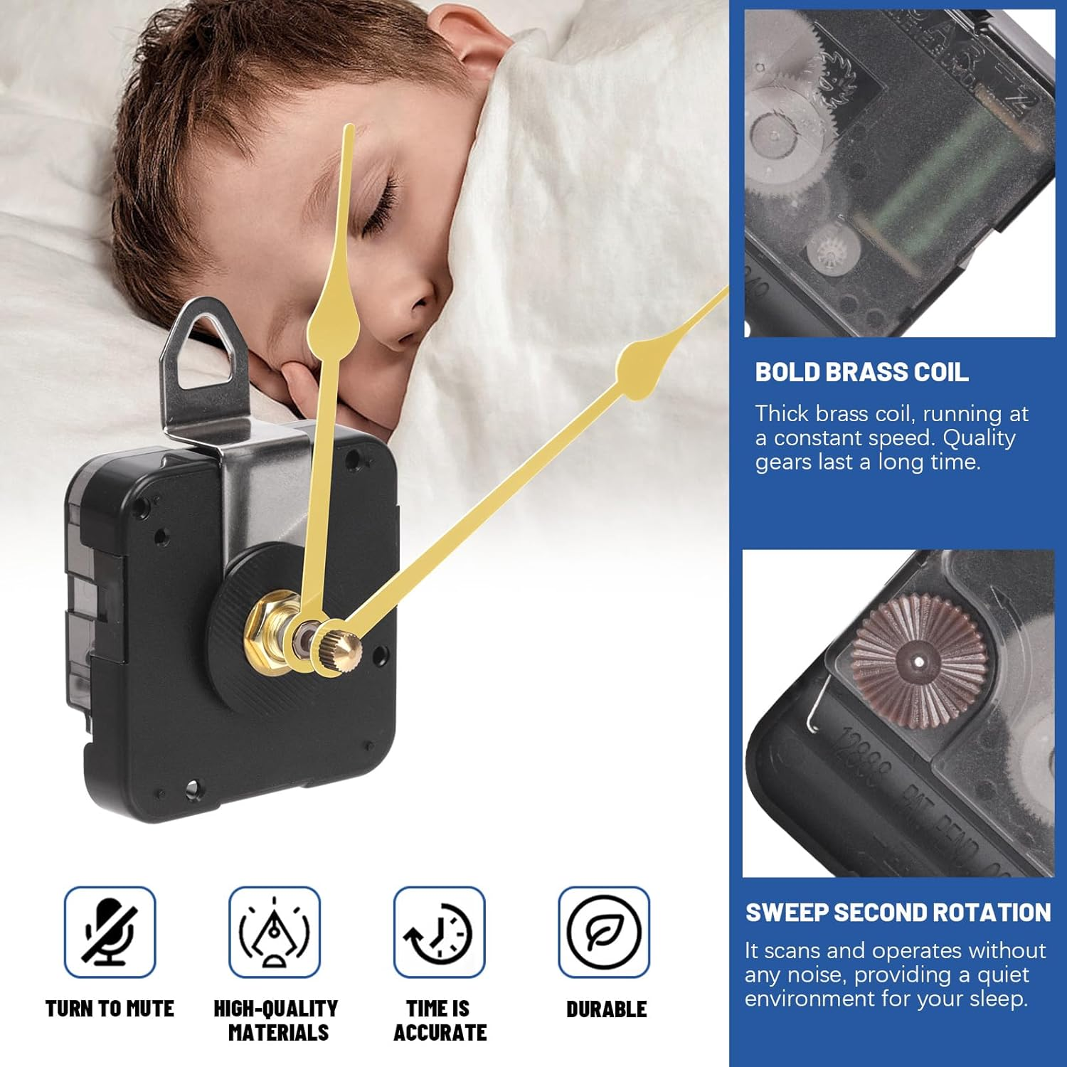 Glarks 12Pcs 28MM Golden High Torque Long Shaft Clock Movement Mechanism Kit Includes 1Pcs Clock Movements with 1Pcs Hooks, 4 Different Pairs Clock Hands, 4Pcs Mounting Hardware, 2Pcs Clock Numerals image number 6