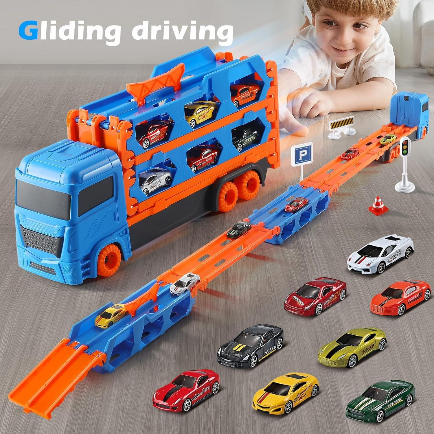 Transport Truck Toy Toddler Car Carrier for Boys Girls, 9 in 1 Race Track and Die-Cast Truck Baby Race Car Toy Vehicles for 3 4 5 Year Old Kids