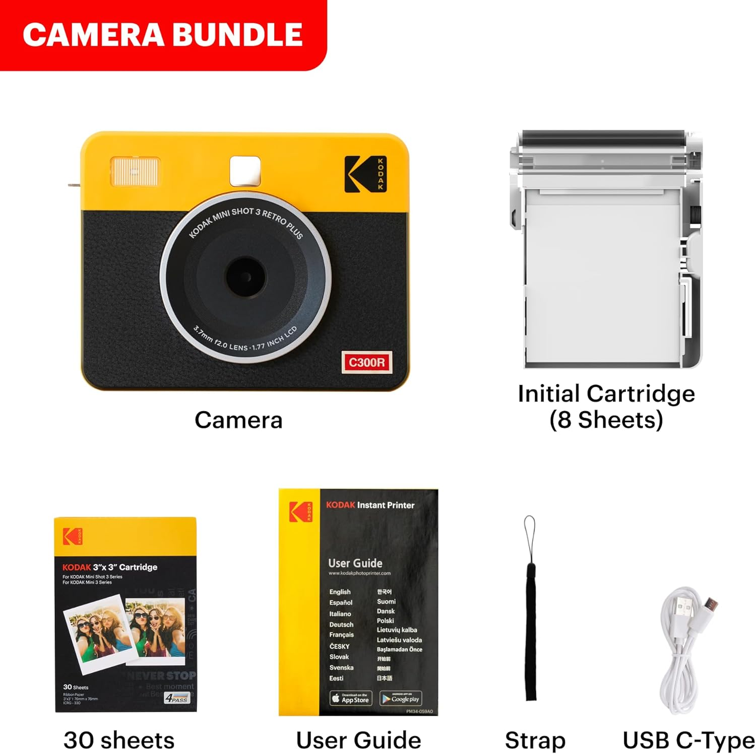 Kodak Mini Shot 3 Retro Instant Camera with Cartridge Bundle, White image number 2