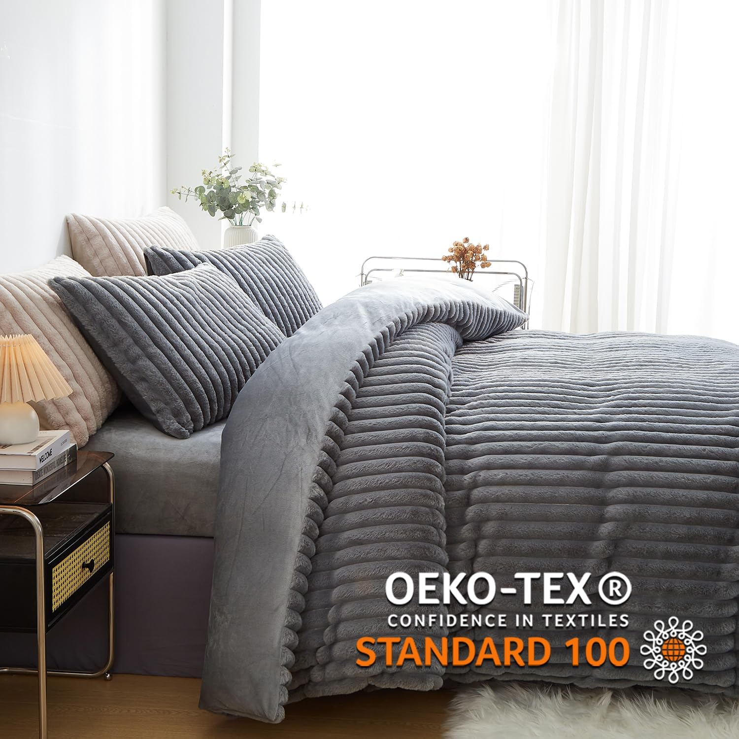 Bildenly Fluffy Duvet Cover Queen Size Ultra Soft Faux Fur Bedding Set Grey Winter Warm Vertical Striped Comforter Cover Set 3 Pcs Warm Fuzzy Bed Sets Luxury Plush Bed Sets with 2 Pillow Shams image number 5