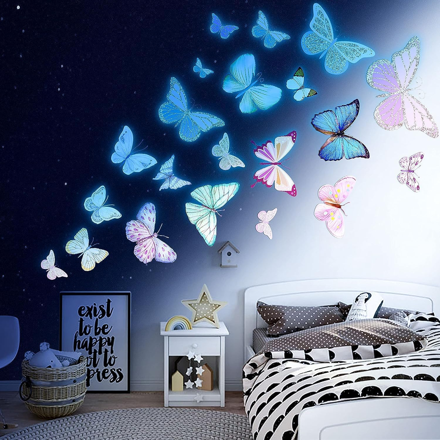 Glow Butterfly Wall Decor Stickers, 58Pcs Luminous Butterfly Wall Decals, Colorful Wall Art, DIY Glow in the Dark Wall Decals for Kids, Girls Bedroom, Bathroom Decorations (Sky Blue) image number 2