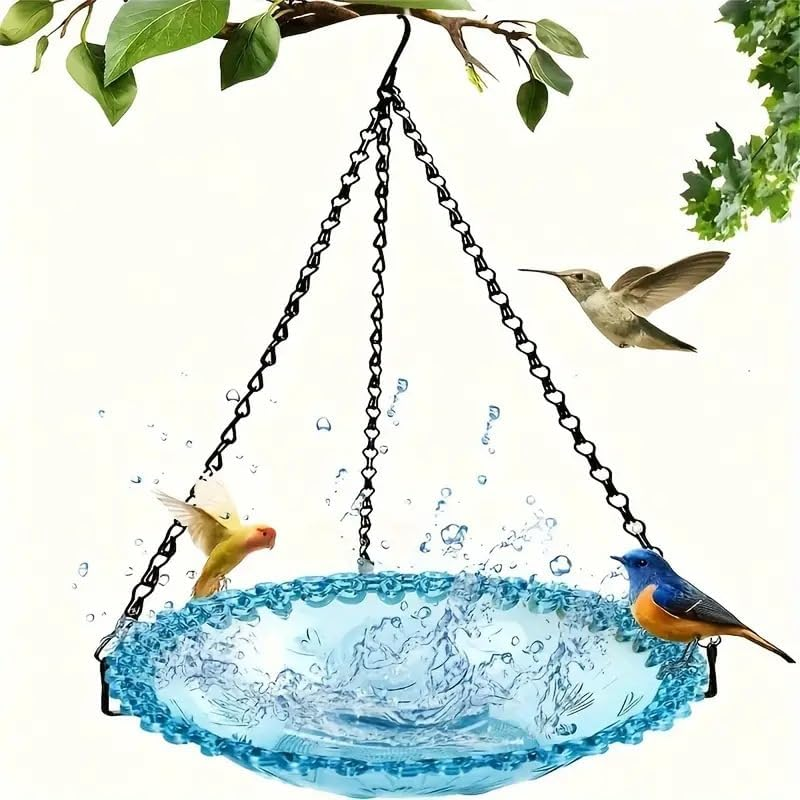 Flower Shaped Hanging Bird Bath Bowl with Metal Chain, 1Pc round Hanging Bird Feeder and Birdbath, round Bird Flower Shaped Bird Feeder and Bath Bowl with Chain, Blue image number 1