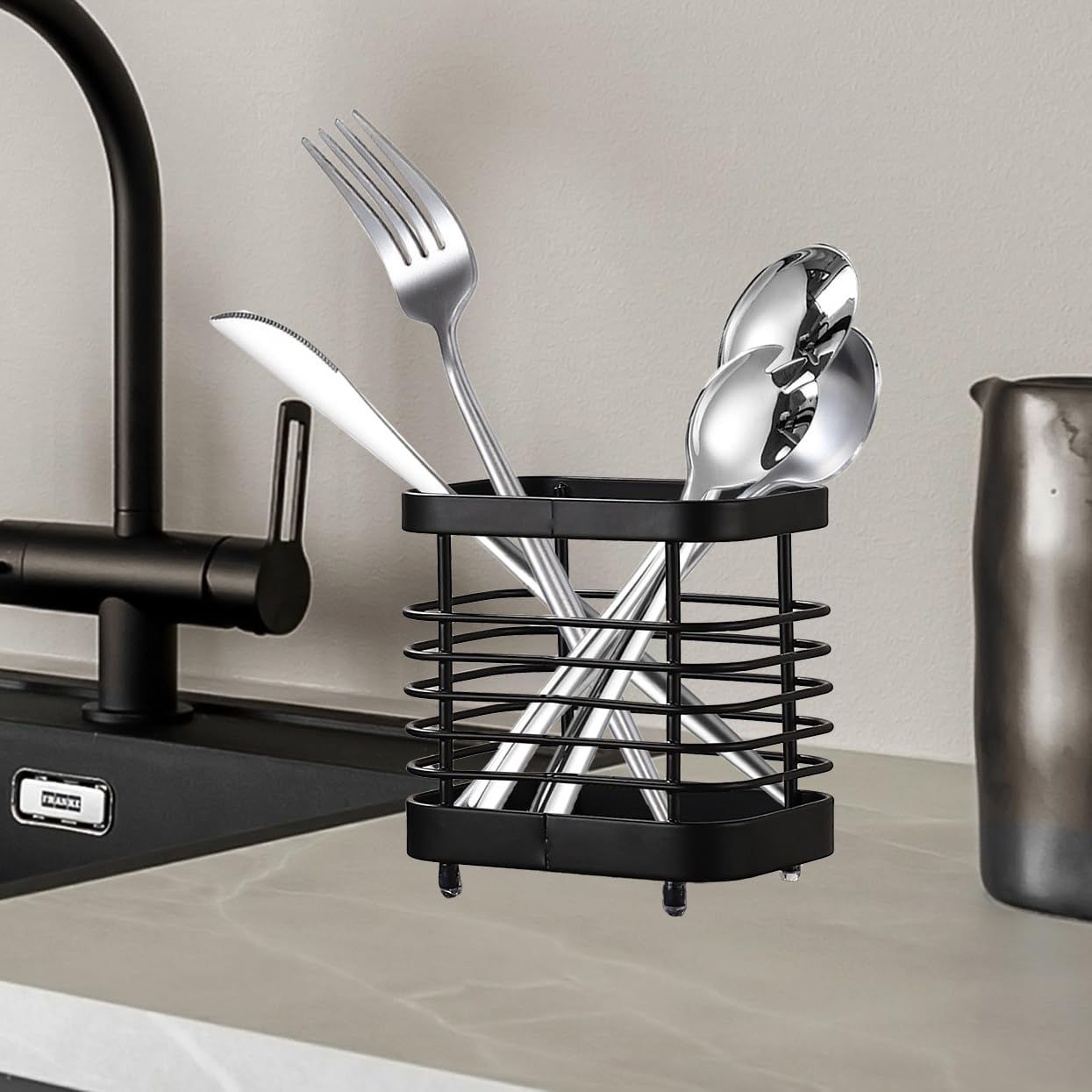 Utensil Holder Kitchen Countertop Organizer, Cutlery Drainer Sink Caddy Dish Drying Rack, Cabinet Silverware Storage Organiser, Stainless Steel, Black(4 In) image number 4