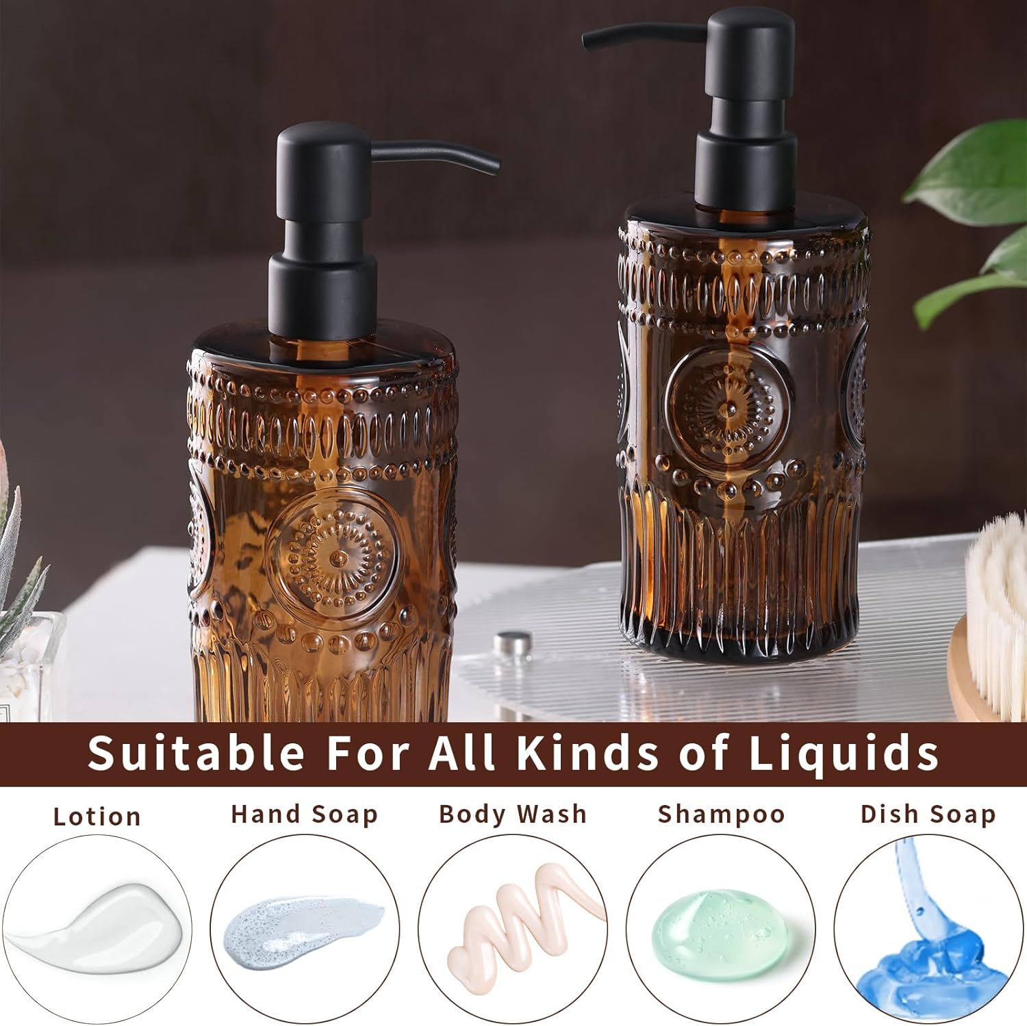 17 OZ Amber Glass Soap Dispenser with Black Stainless Steel Pump, Sunflower Embossed Glass Soap and Lotion Dispenser Set, Liquid Hand Soap Dispenser for Kitchen & Bathroom (2 Pack) - Green image number 5