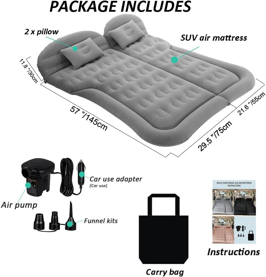 SAYGOGO SUV Air Mattress Camping Bed Cushion Pillow - Inflatable Thickened Car Air Bed with Air Pump Portable Sleeping Pad Mattress for Home Car Travel Camping Upgraded Version - Grey