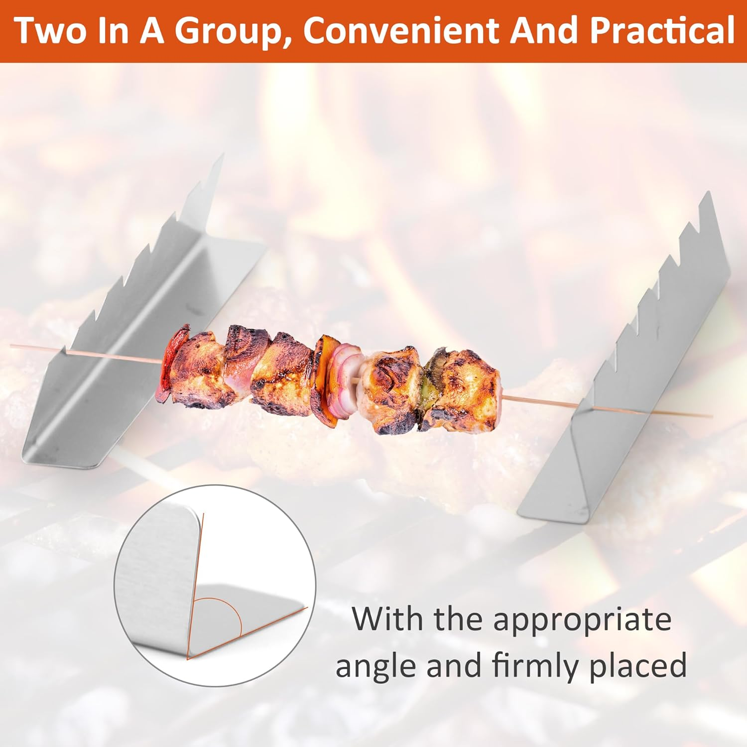 Akamino 4 Pack Kabob Skewers Rack, 430 Stainless Steel Shish Kabob Holder with 6 Notch, 11..8" Long Universal Barbecue BBQ Skewers Rack for Grilling