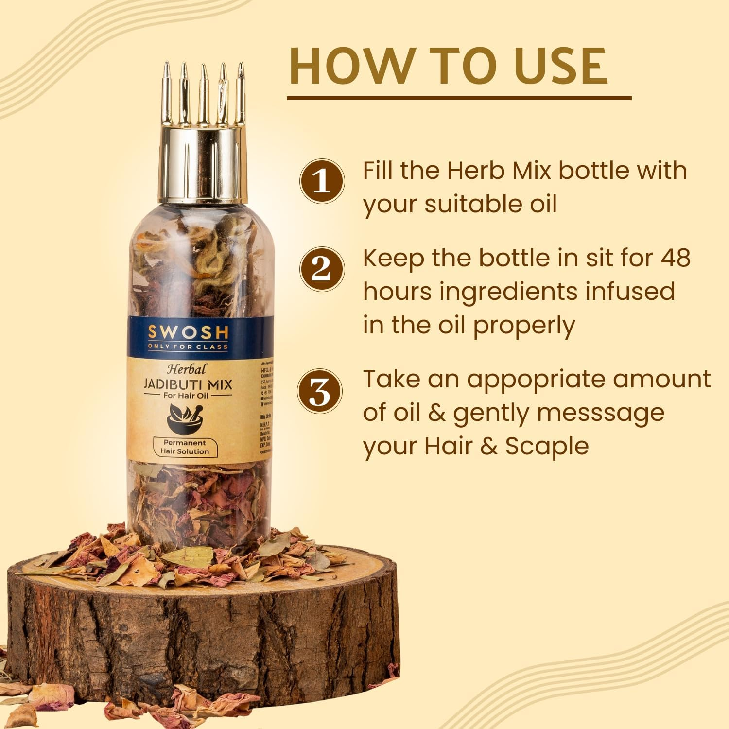 SWOSH Ayurvedic Herbs and Herbal Dry Jadibutti Mixture for Hair Oil Infusion 10 Gram(0.35 Oz) Bottle with Comb Applicator image number 5