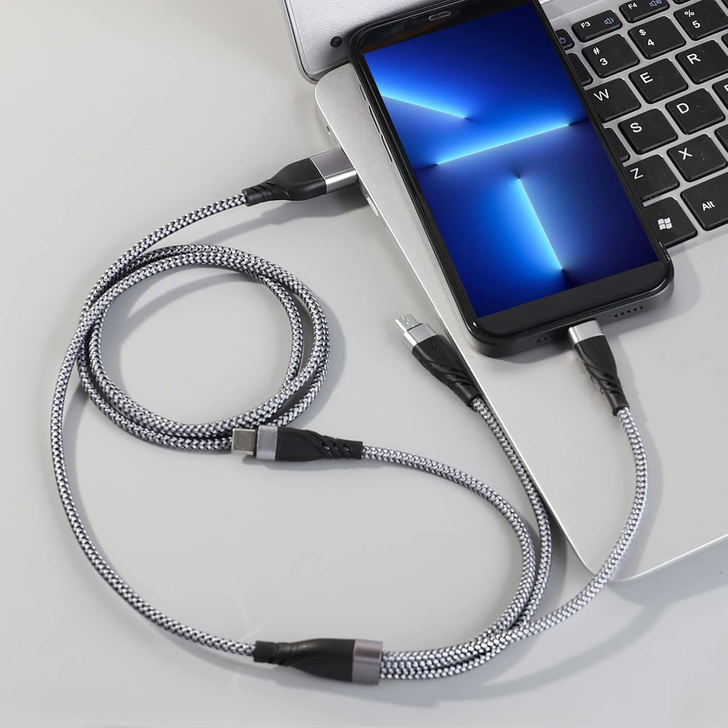Multi Charging Cable, USB A/USB C Multiple Charger Cable Braided 5 in 1 Fast Charging Cord with Type-C/Micro USB/IP Port for Phone 16 15 14 13 12 11 Samsung Galaxy Tablets Android and More- 1.2M