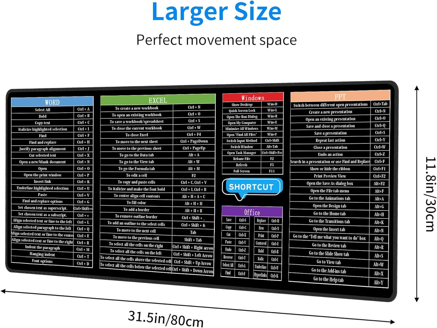 Computer Office Power Point Excel Word Short Cut Shortcuts Keys Gaming Keyboard Mouse Pad Mousepad Huge Extended XL Stitched Edge Rubber Sole for Home Office(31.5"X 11.8") image number 2